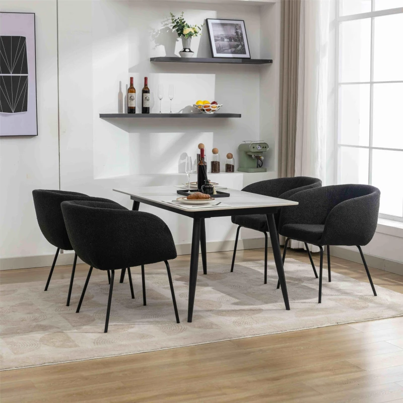 2 Pack Boucle Chair with Black Powder Coated Metal Legs, Wingback Design, Armchair for Dining Table, 58x58x78 cm, Black
