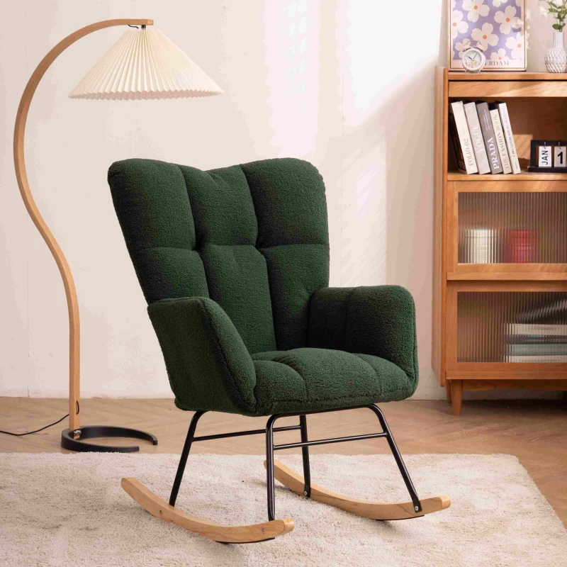 Teddy Fabric Modern Rocker with Padded Seat and Metal Base, Tufted Upholstered Comfy Chairs for Outdoor, 80x70x95 cm, Dark Green