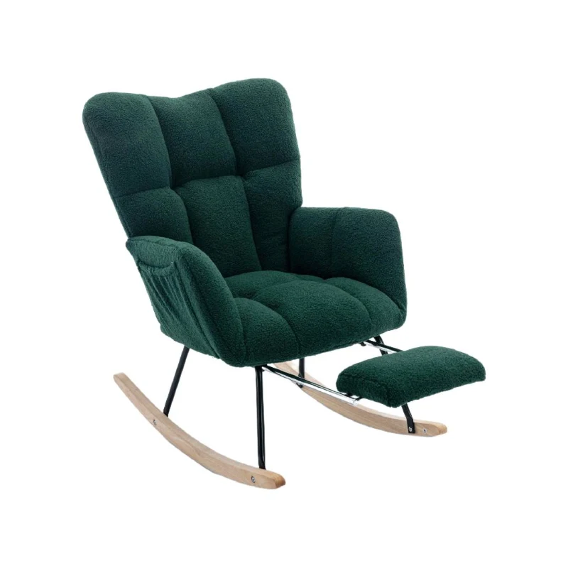 Teddy Fabric Upholstered Rocking Chair with Pull-out Footrest, Ergonomic Backrest, Modern Rocker for Reading, Relaxing, 80x70x95 cm, Green