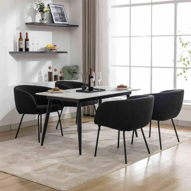 2 Pack Boucle Chair with Black Powder Coated Metal Legs, Wingback Design, Armchair for Dining Table, 58x58x78 cm, Black