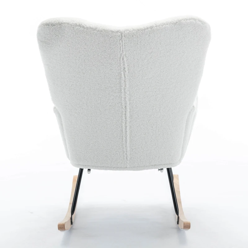 Teddy Fabric Upholstered Rocking Chair with Pull-out Footrest, Ergonomic Backrest, Modern rocker for Reading, Relaxing, 80x70x95 cm, White