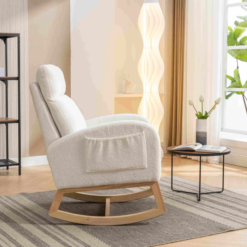 Modern Bedroom Chairs with Solid Wood Legs, Padded Seat, Accent Rocking Chair for Reading Room, Bedroom, 88x71x104.5 cm, Beige