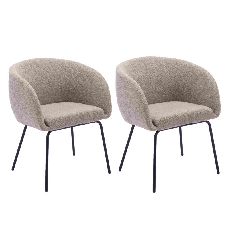 2 Pack Boucle Fabric Modern Accent Chairs with Black Powder Coated Metal Legs, 58x58x78 cm, Light Grey