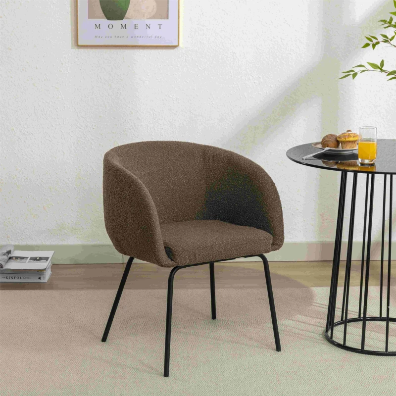 2 Pack Fabric Boucle Chair with Black Powder Coated Metal Legs, Wingback Armchair for Dining Table, 58x58x78 cm, Brown