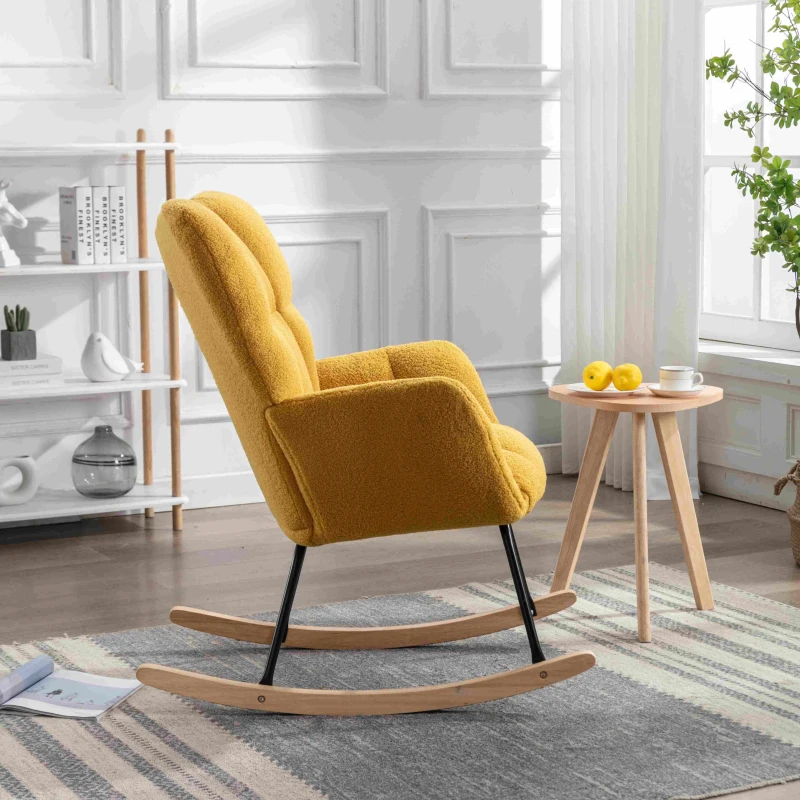 Nursery Room Rocking Chair with Upholstered Padded Seat, Teddy Fabric Modern Rocker for Living Room, 80x70x95 cm, Yellow