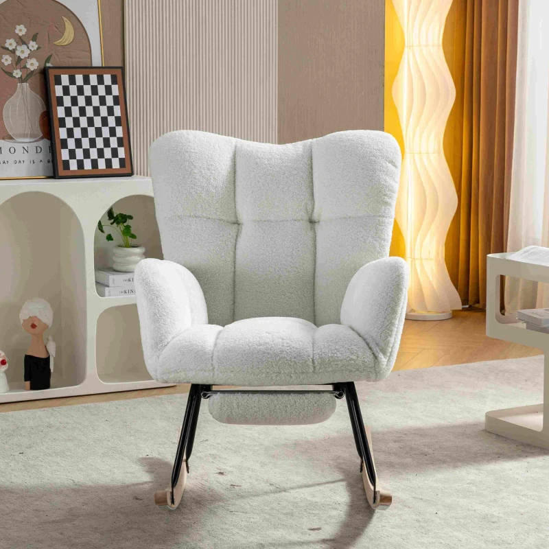 Teddy Fabric Upholstered Rocking Chair with Pull-out Footrest, Ergonomic Backrest, Modern rocker for Reading, Relaxing, 80x70x95 cm, White