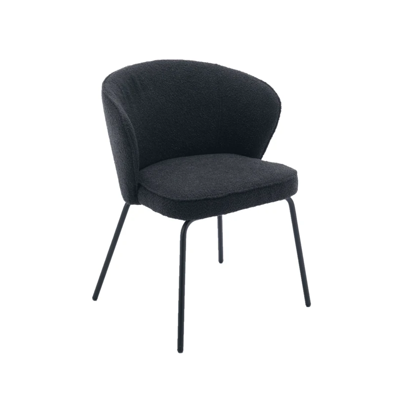 Fabric Boucle Chair with Black Powdercoated Metal Legs, Wingback Armchair for Dining Table, 62x63.5x75 cm, Black