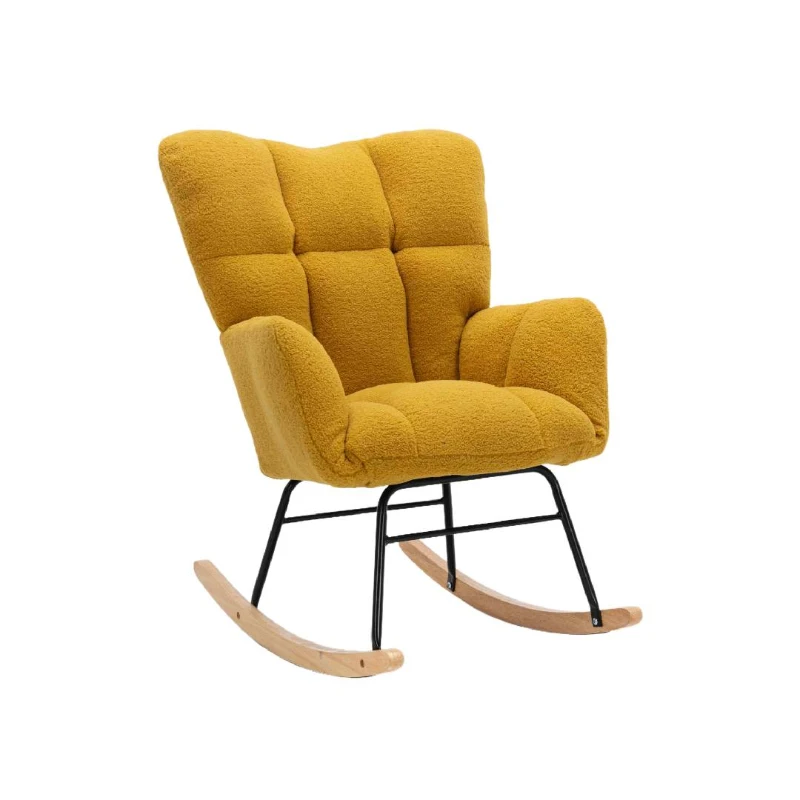 Nursery Room Rocking Chair with Upholstered Padded Seat, Teddy Fabric Modern Rocker for Living Room, 80x70x95 cm, Yellow