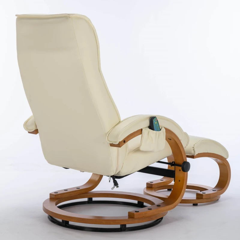 PU Leather Electric Recliner Armchair with 5 Point Massage, Ottoman Footstool, Bentwood Base, 85x67x103 cm, Beige