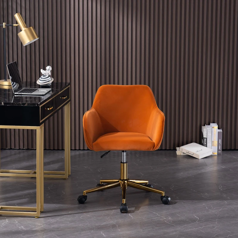 Velvet Adjustable Height Swivel Executive Office Chair with Gold Legs, 58x58x86 cm, Orange