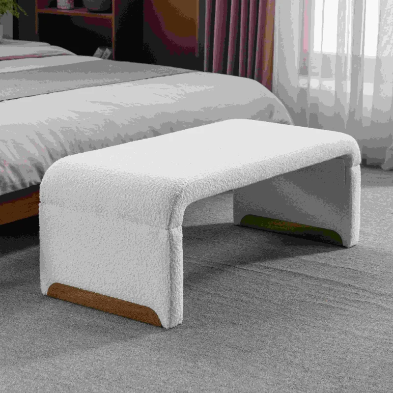 Boucle Fabric Foot Stool Pouffe with Gold Metal Legs, 110x50x41 cm, Ivory