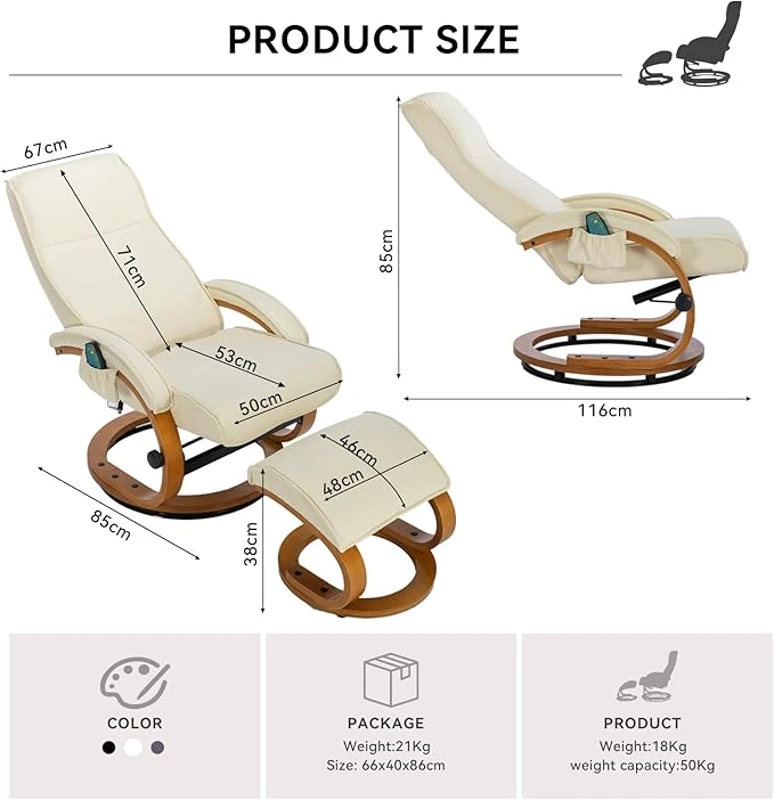 PU Leather Electric Recliner Armchair with 5 Point Massage, Ottoman Footstool, Bentwood Base, 85x67x103 cm, Beige
