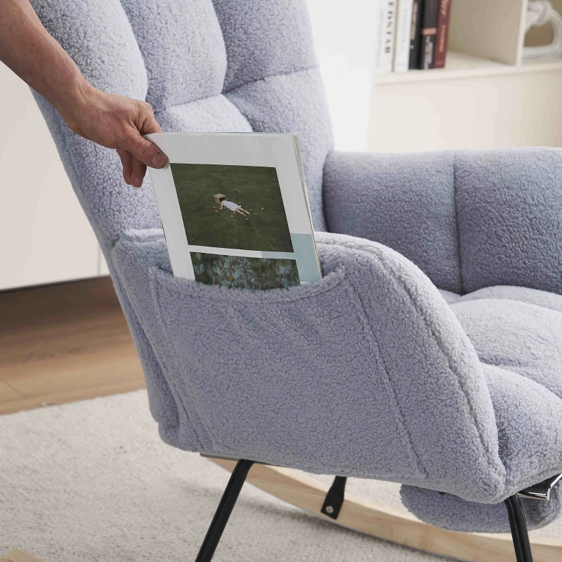 Teddy Fabric Tufted Modern Rocker with Pull-out Footrest, Sofa Chair with Upholstered Ergonomic Backrest, 80x70x95 cm, Grey