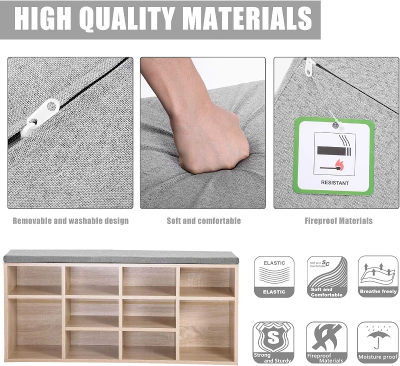 Adjustable Shoe Storage Cabinet With 10 Open Shelves, Wooden Shoe Storage Bench, Click System and Moisture-Resistant Feet, for Hallway, 104x30x48 cm, Oak