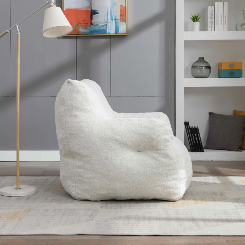 Soft Tufted Foam Bean Bag Snuggle Chair with Teddy Fabric, Ergonomic Backrest, 100x94x70 cm, White Teddy
