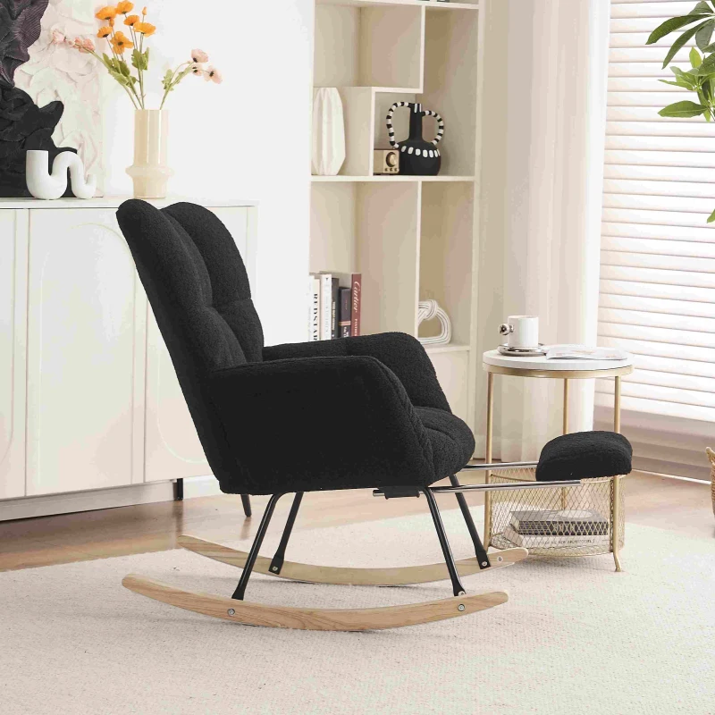 Teddy Fabric Upholstered Rocking Chair with Pull-out Footrest, Ergonomic Backrest, Modern Rocker for Reading, Relaxing, 80x70x95 cm, Black