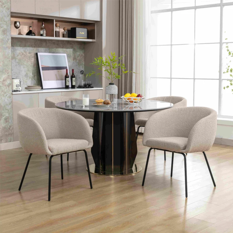 2 Pack Boucle Fabric Modern Accent Chairs with Black Powder Coated Metal Legs, 58x58x78 cm, Light Grey