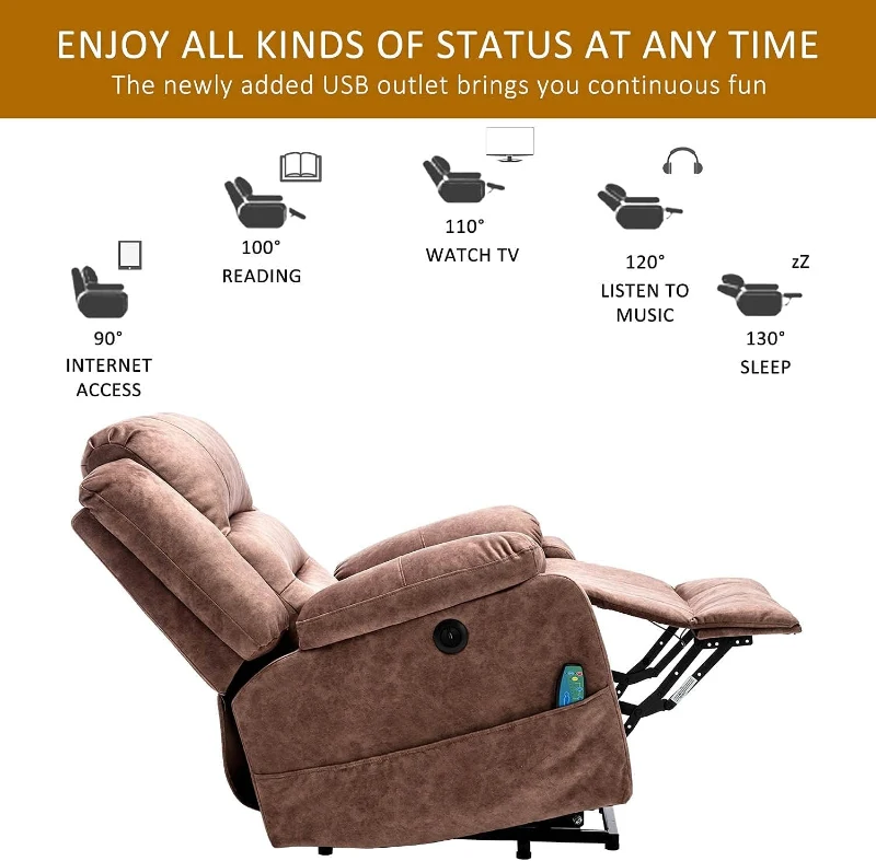 Electric Recliner Massage Chair with Heat, USB Ports, Side Pockets, Easy Assembly, for Home Living Room, 87x85x107 cm, Brown