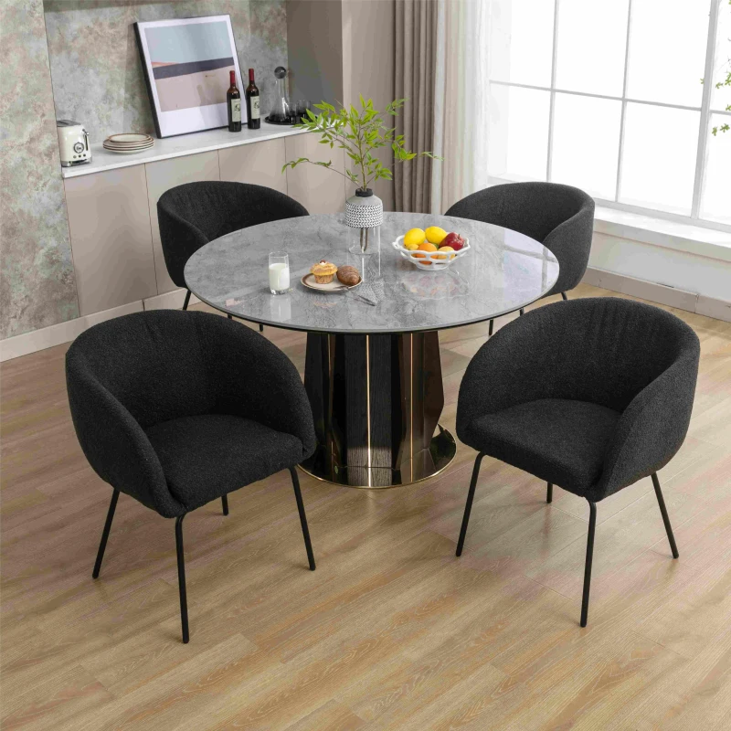 2 Pack Boucle Chair with Black Powder Coated Metal Legs, Wingback Design, Armchair for Dining Table, 58x58x78 cm, Black