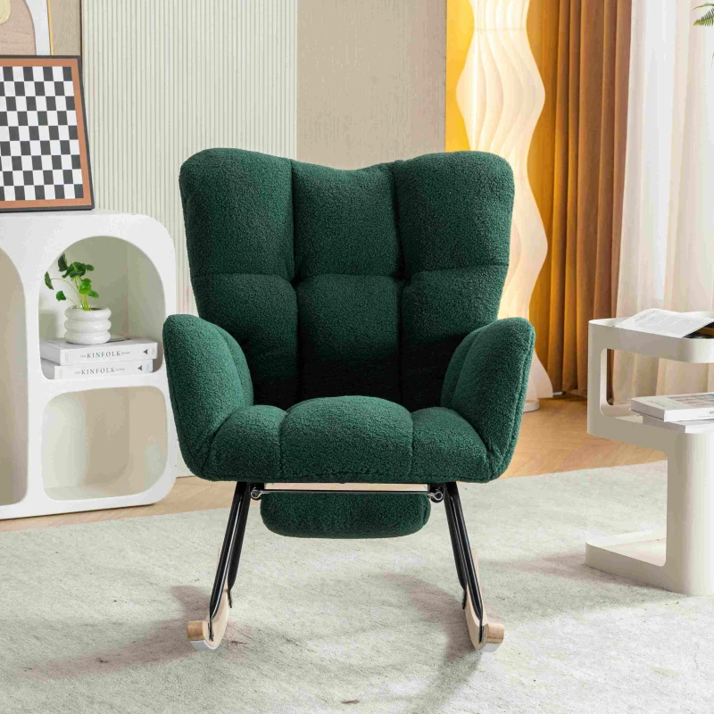 Teddy Fabric Upholstered Rocking Chair with Pull-out Footrest, Ergonomic Backrest, Modern Rocker for Reading, Relaxing, 80x70x95 cm, Green