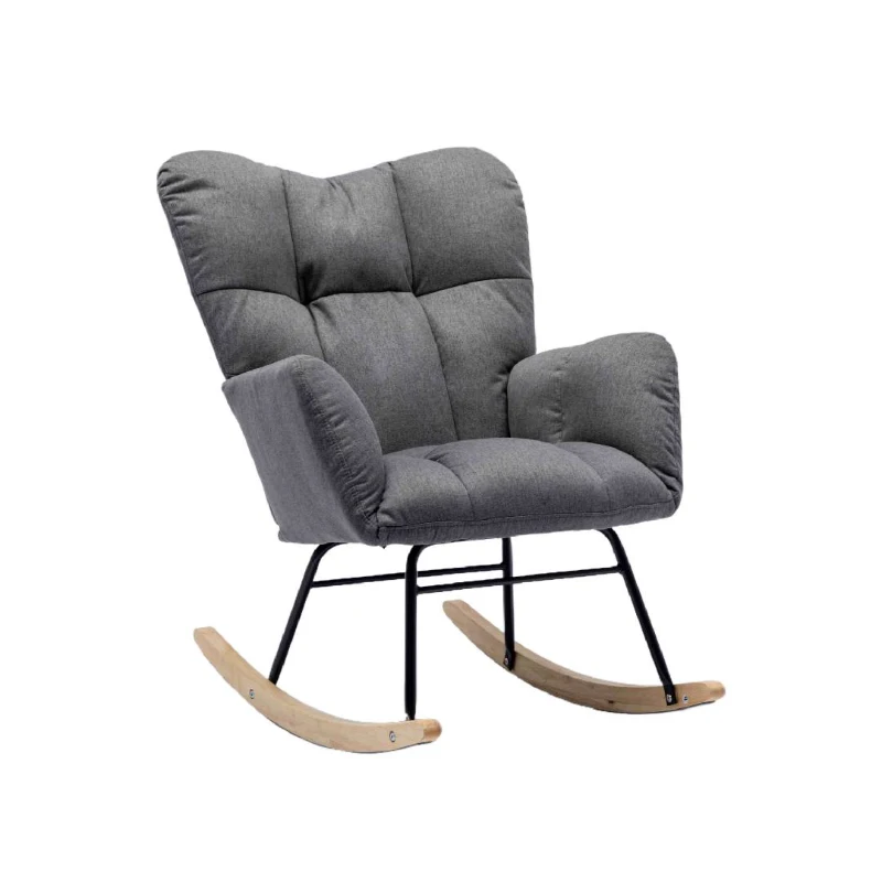 Modern Flax Fabric Tufted Upholstered Garden Rocking Chair with Padded Seat, Ergonomic Backrest, 80x70x95 cm, Grey