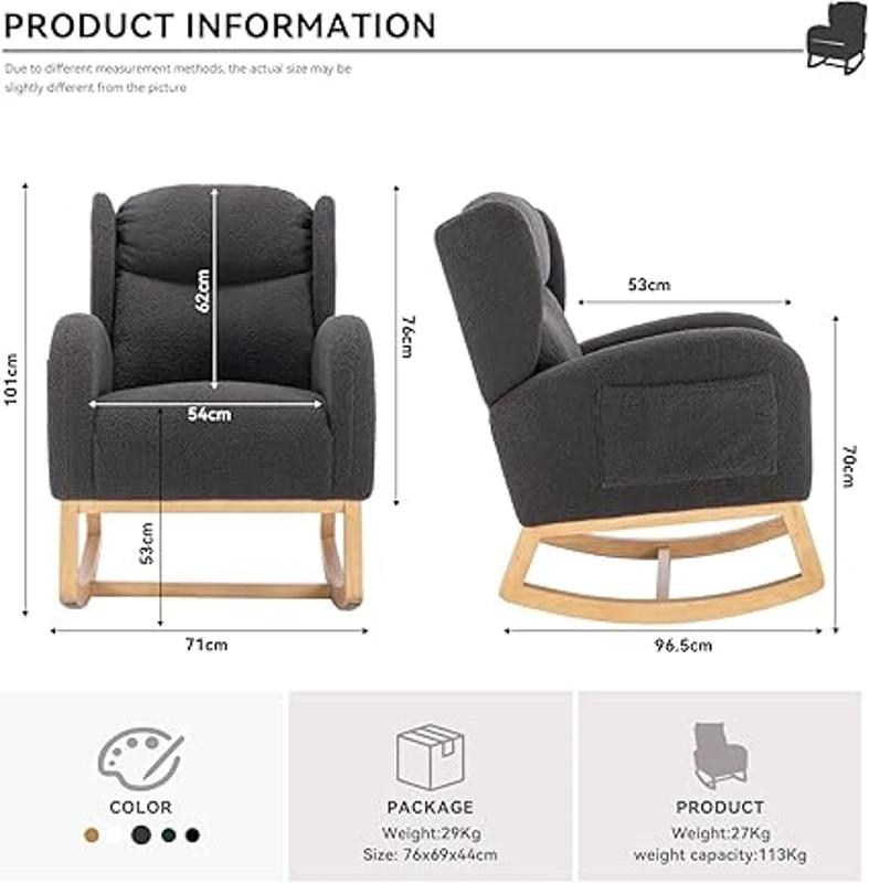 Modern Teddy Fabric Sofa Chair with Padded Seat, Upholstered Wingback Chair for Living Room, Bedroom, 96.5x71x101 cm, Grey