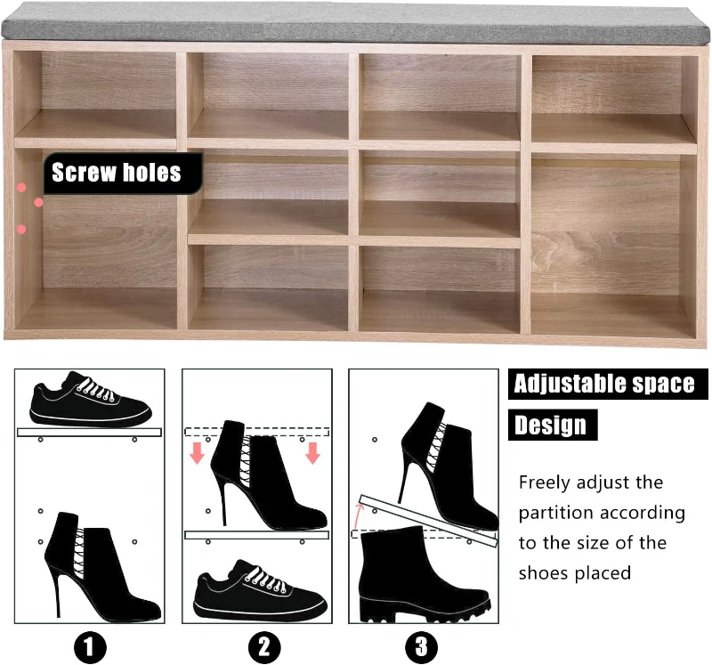 Adjustable Shoe Storage Cabinet With 10 Open Shelves, Wooden Shoe Storage Bench, Click System and Moisture-Resistant Feet, for Hallway, 104x30x48 cm, Oak