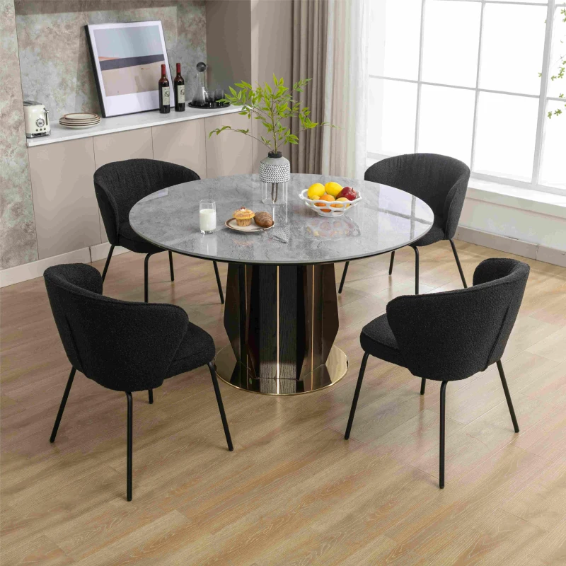 Fabric Boucle Chair with Black Powdercoated Metal Legs, Wingback Armchair for Dining Table, 62x63.5x75 cm, Black