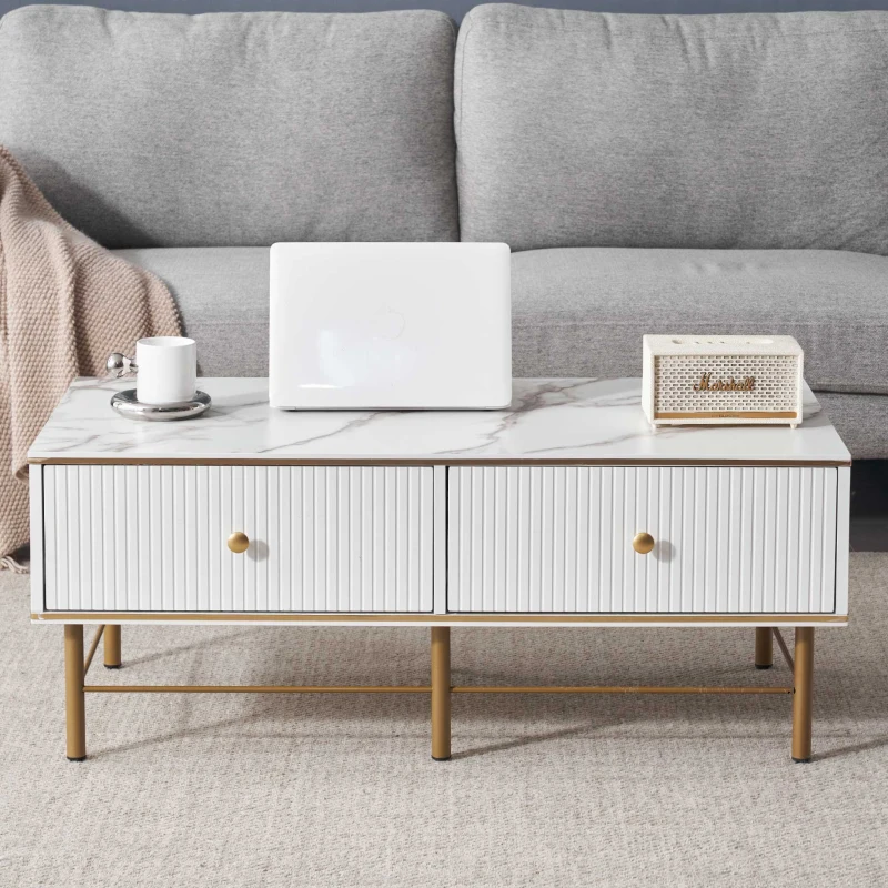 Ensemble de salon lumineux de style luxueux avec meuble TV, table basse et vitrine en marbre, adapté aux téléviseurs jusqu'à 70 pouces, Blanc