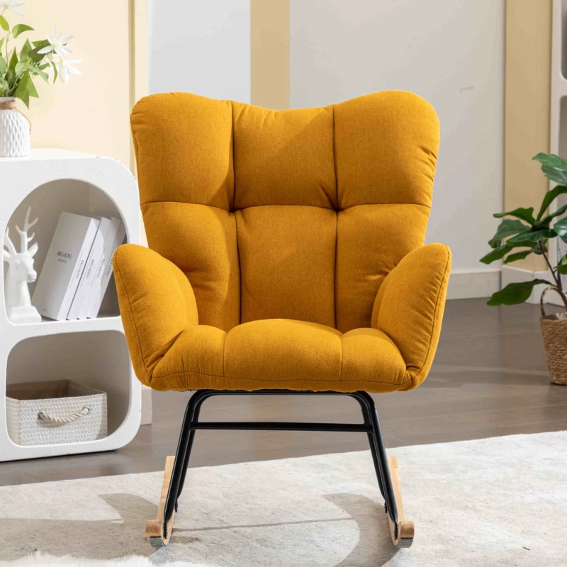 Flax Fabric Tufted Read Chair with Padded Seat, Upholstered Modern Rocker for Garden, Indoor, 80x70x95 cm, Yellow