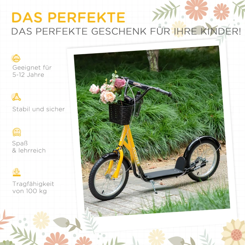 HOMCOM Kinder-Tretroller, höhenverstellbar, rutschfest, Stahlrahmen, abnehmbarer Korb, Bremsen, Gummireifen(m-5)