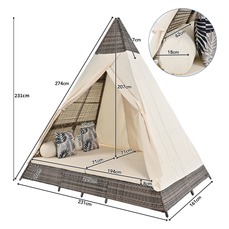 Gartenlounge-Set, Rattanzelt, geeignet für 2-4 Personen, inklusive graues Rattan, beiger Türvorhang, Sitzkissen mit Reißverschluss, Beige