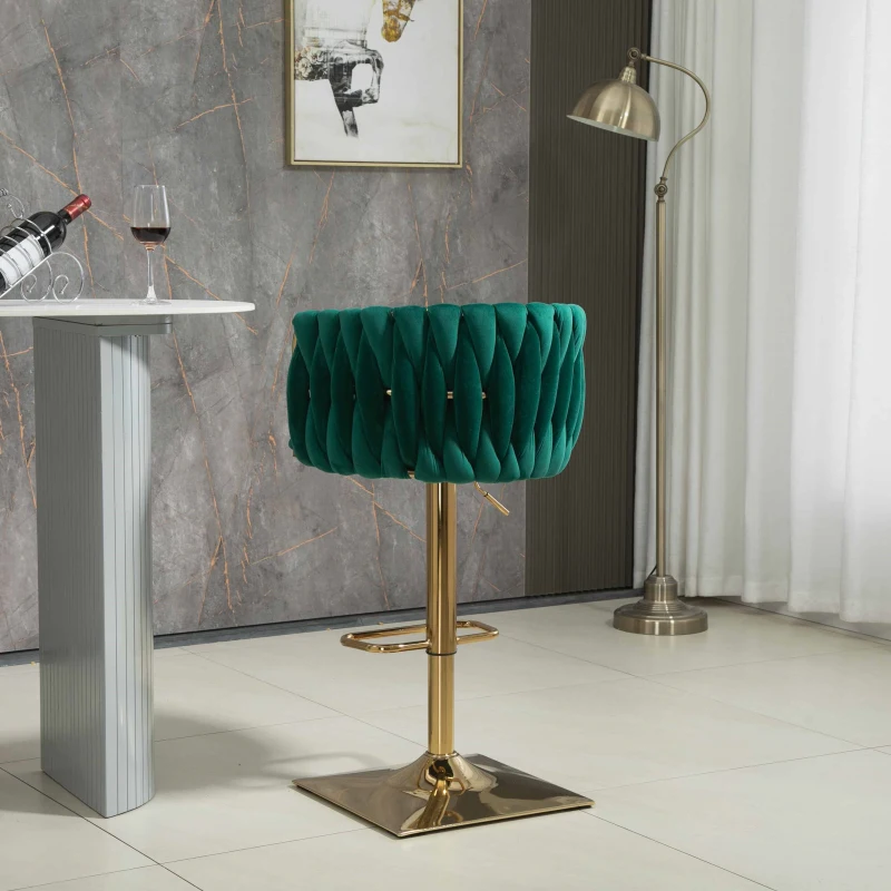 Höhenverstellbarer Barhocker mit Art-déco Design, 360° Drehbar, Smaragdgrün Samt Sitzfläche, Gold Beine