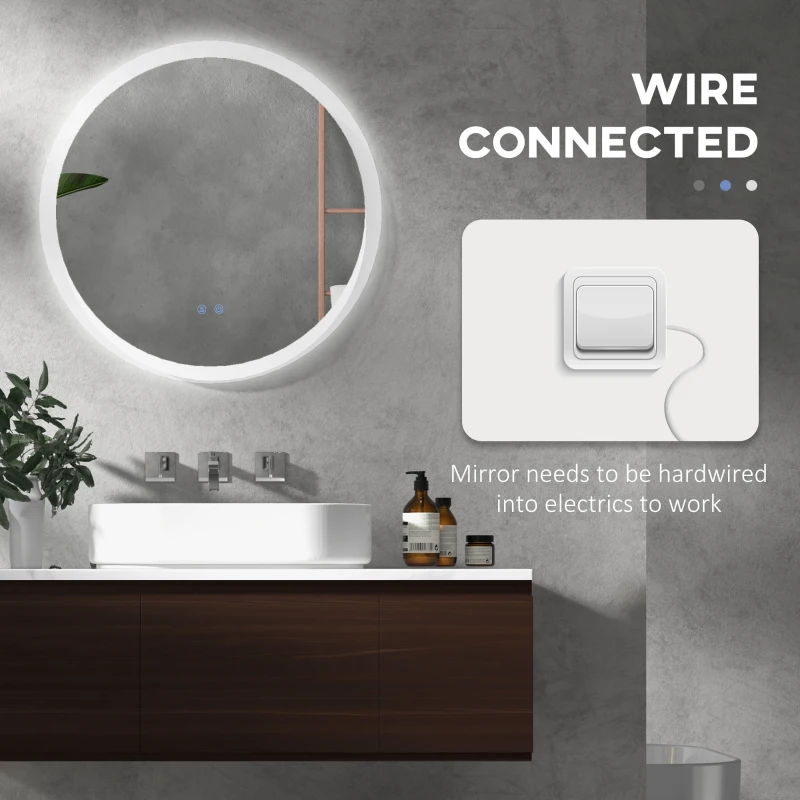 kleankin Round Bathroom Mirror with LED Lights, Wall-Mounted Dimmable Makeup Mirror with 3 Temperature Colours, Defogging Film, Memory Function, Hardwired, 70 x 70 cm