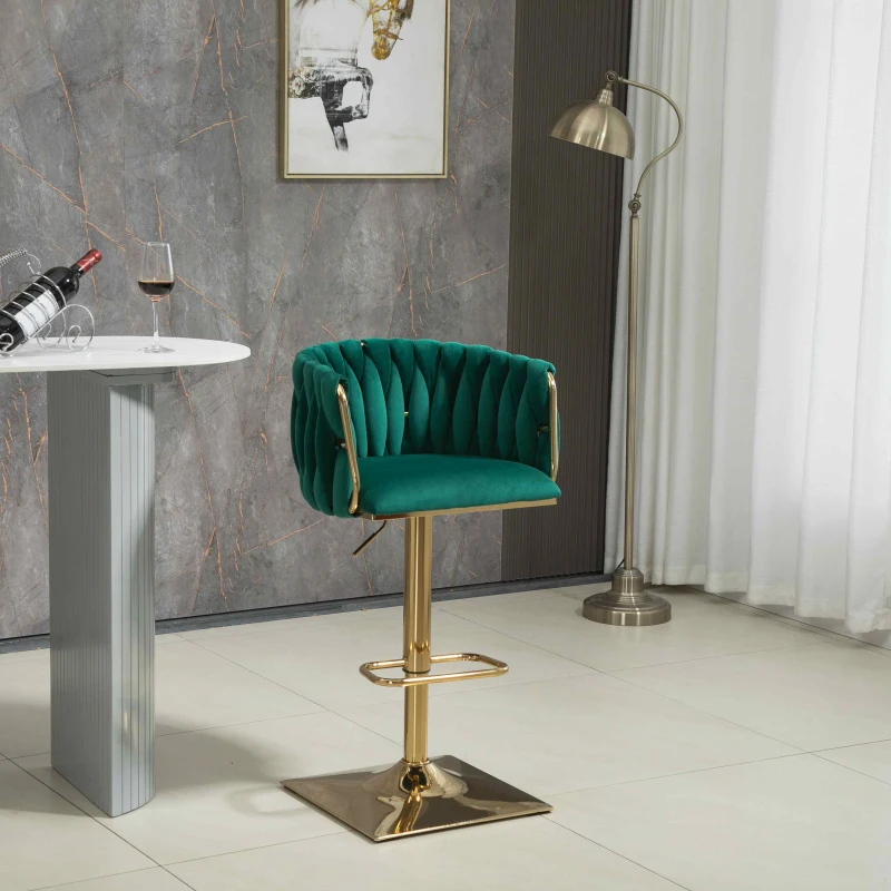 2 Tabourets de bar style art déco avec dossier et repose-pieds, chaise haute hauteur d'assise réglable pivotant 360°, Vert
