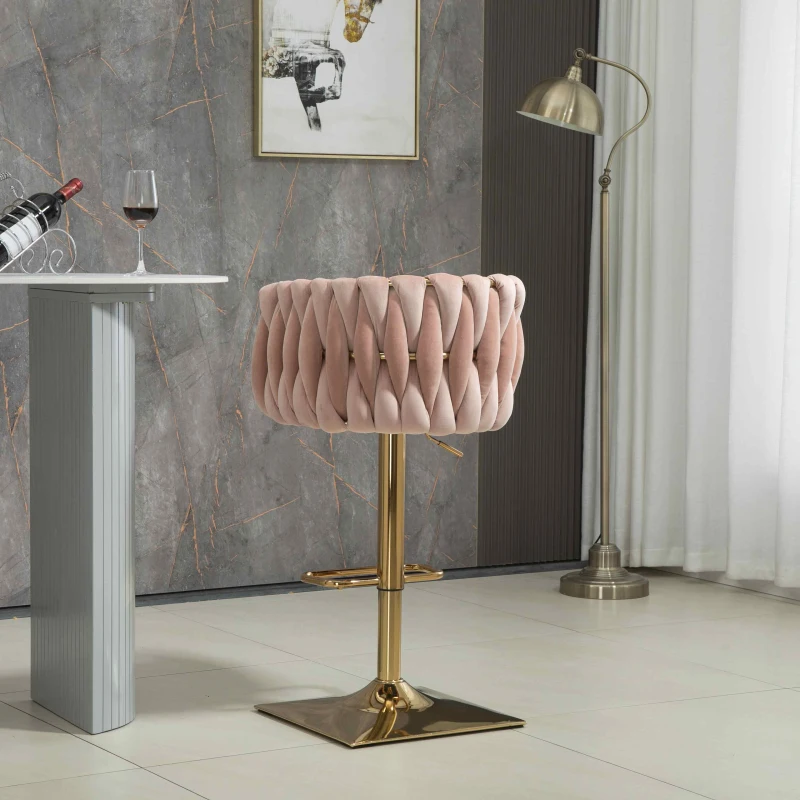 2 Tabourets de bar style art déco avec dossier et repose-pieds, chaise haute hauteur d'assise réglable pivotant 360°, Rose