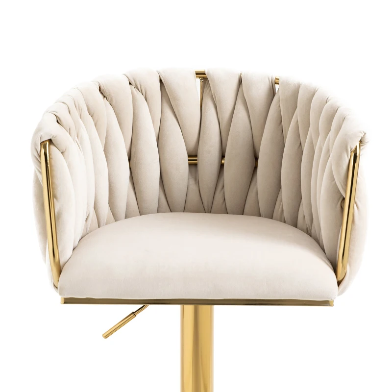 2 Tabourets de bar style art déco avec dossier et repose-pieds, chaise haute hauteur d'assise réglable pivotant 360°, Ivoire