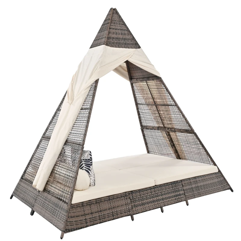 Gartenlounge-Set, Rattanzelt, geeignet für 2-4 Personen, inklusive graues Rattan, beiger Türvorhang, Sitzkissen mit Reißverschluss, Beige