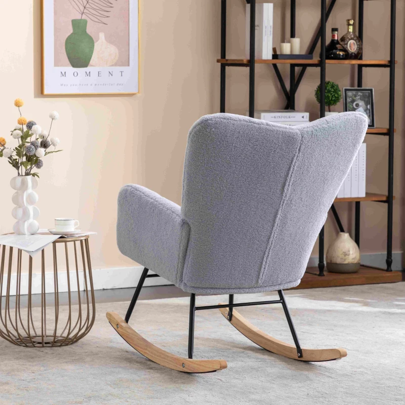 Modern Teddy Fabric Tufted Upholstered Rocking Garden Chair with Padded Seat, 80x70x95 cm, Light Grey