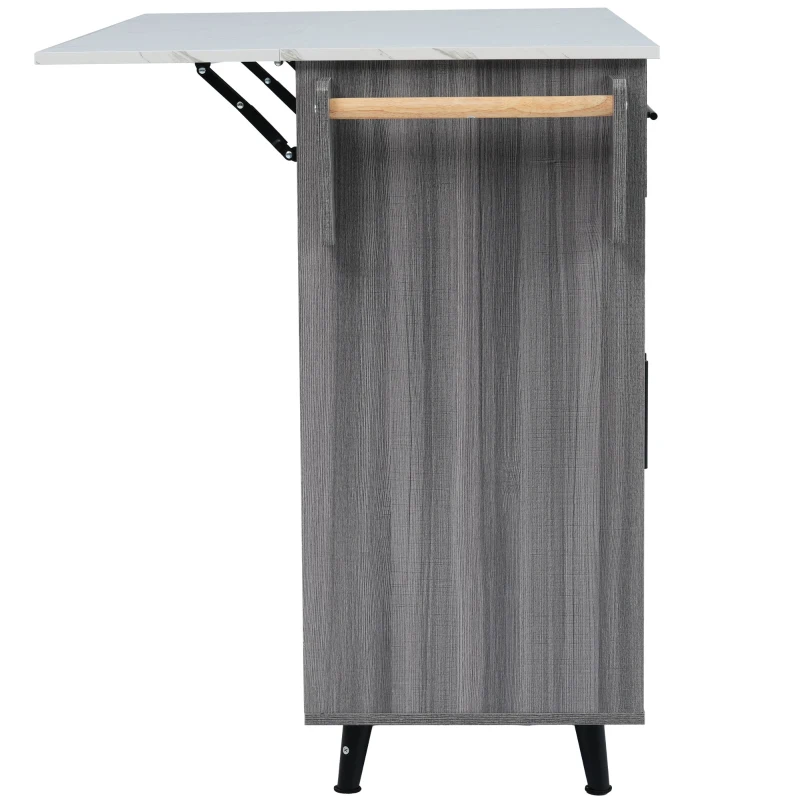 Multifunktionaler Küchenwagen mit erweiterbarer Arbeitsfläche, Innenregalen, 2 Schubladen und platzsparendem Schrank, Grau+Weiß