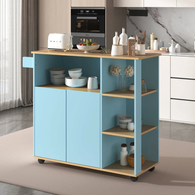 Moderner minimalistischer Küchenwagen mit Holzregalen und 360° drehbaren Rollen, Küchenmöbel für Mikrowelle, Blau