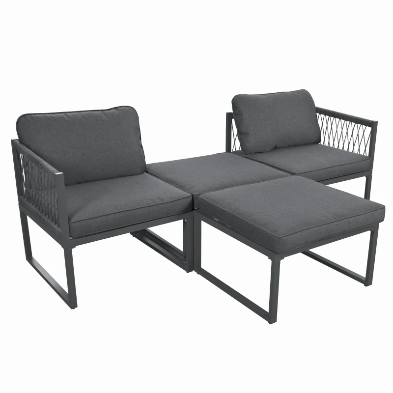 Gartenlounge-Set aus Aluminium mit 2 Sofas und 2 Fußhockern, variabel und verstellbar kombinierbar, für Außen und Innenbereich, Grau