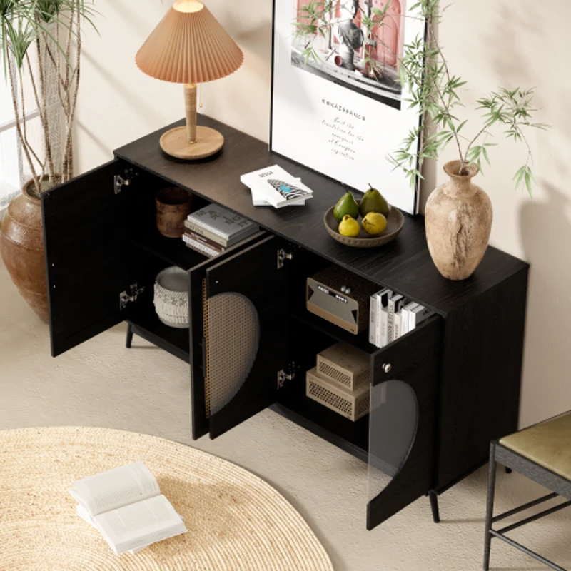 Sideboard mit Glastüren aus Rattan, halbrundem Design und großem Stauraum, Schwarz