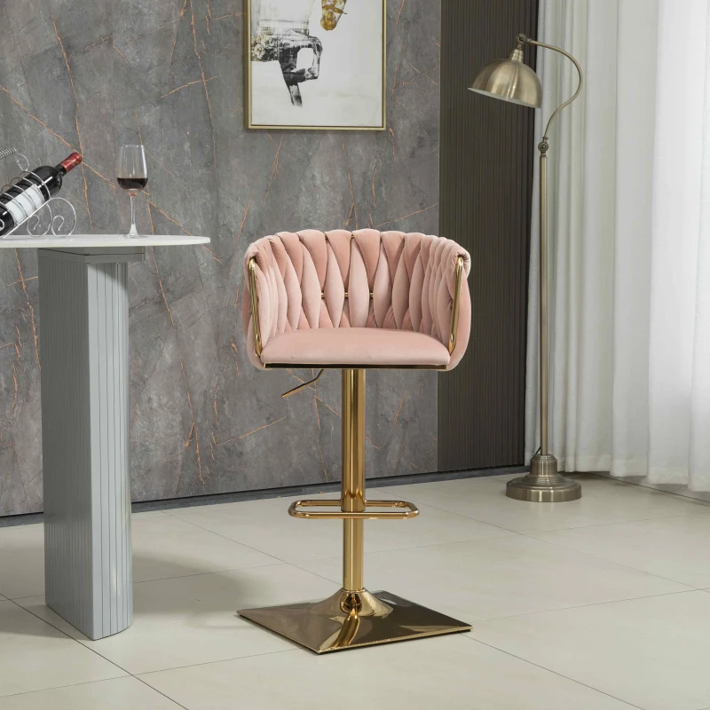 2 Tabourets de bar style art déco avec dossier et repose-pieds, chaise haute hauteur d'assise réglable pivotant 360°, Rose