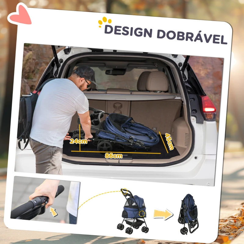 PawHut Carrinho para Cães Dobrável com Rodas Cesta de Armazenamento Correias de Segurança e Janelas 67x45x96 cm Azul Escuro