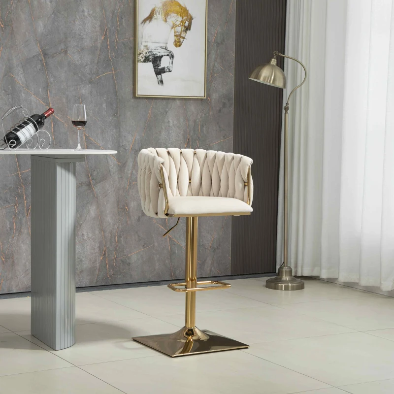 2 Art-déco Barhocker mit Lehne und Fußstütze, höhenverstellbar und 360° drehbar, Elfenbeinweiß