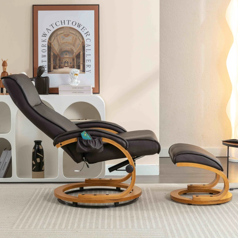 PU Leather Electric Recliner Armchair with 5 Point Massage, Ottoman Footstool, Bentwood Base, 85x67x103 cm, Brown