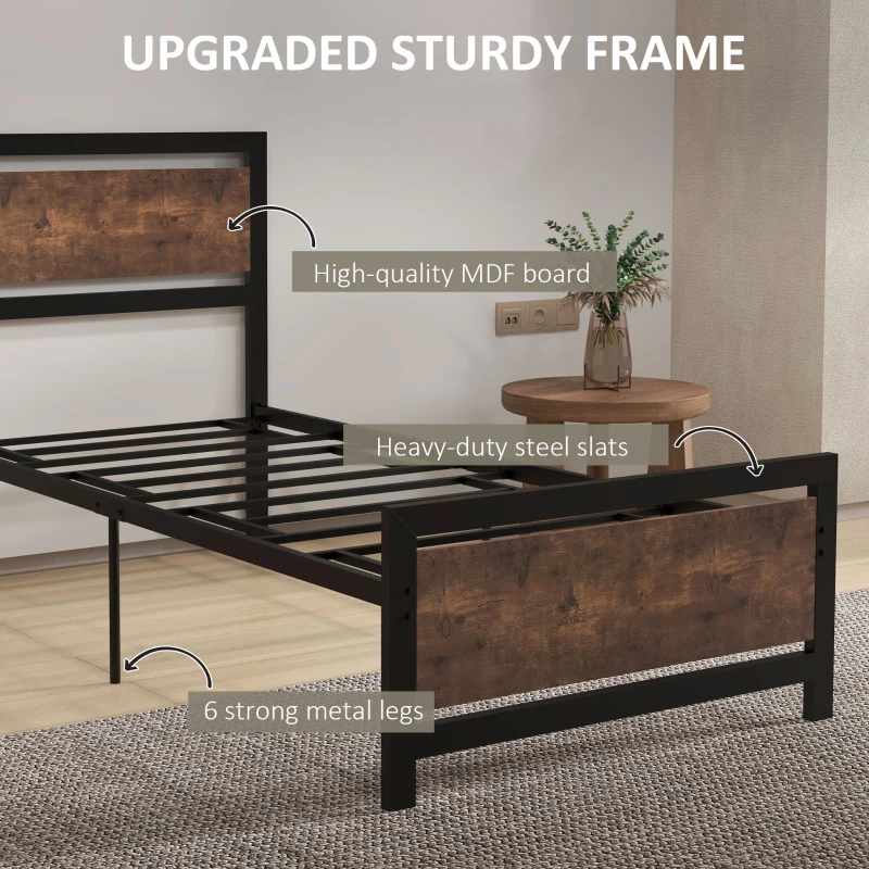 HOMCOM Single Size Metal Bed Frame with Headboard & Footboard, Strong Slat Support Solid Bedstead Base w/ Underbed Storage Space, Bedroom Furniture For Adults(m-4)