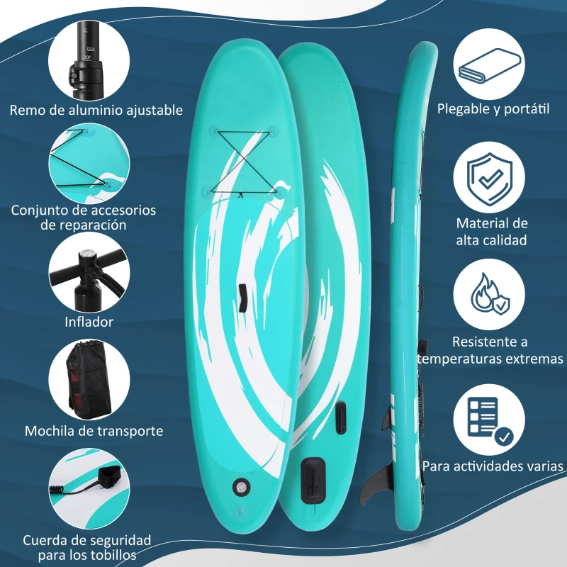 Outsunny Tabla de Paddle Surf Hinchable 300x76x15 cm Tabla de Stand Up Paddling Inflable con Remo Ajustable Aletas Cubierta Antideslizante Bomba y Bolsa de Transporte Azul