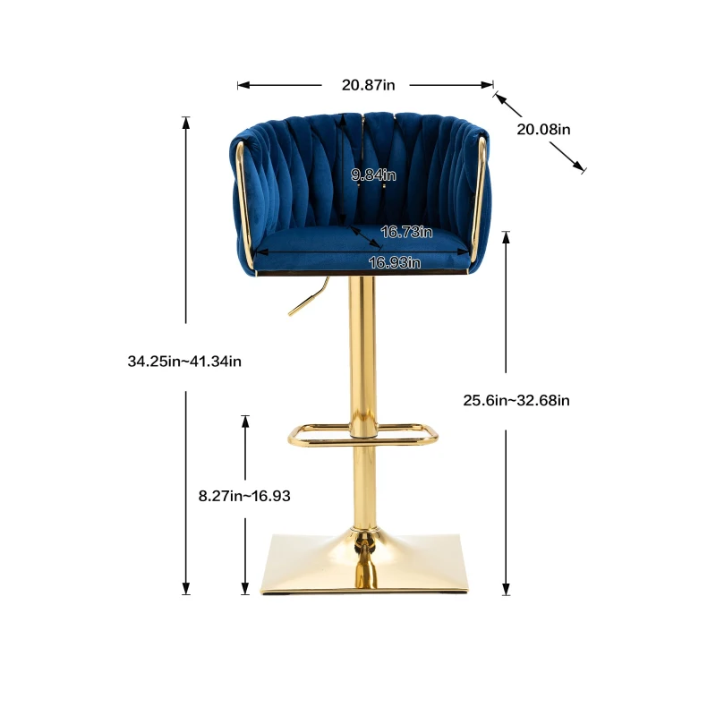 2 Tabourets de bar style art déco avec dossier et repose-pieds, chaise haute hauteur d'assise réglable pivotant 360°, Bleu